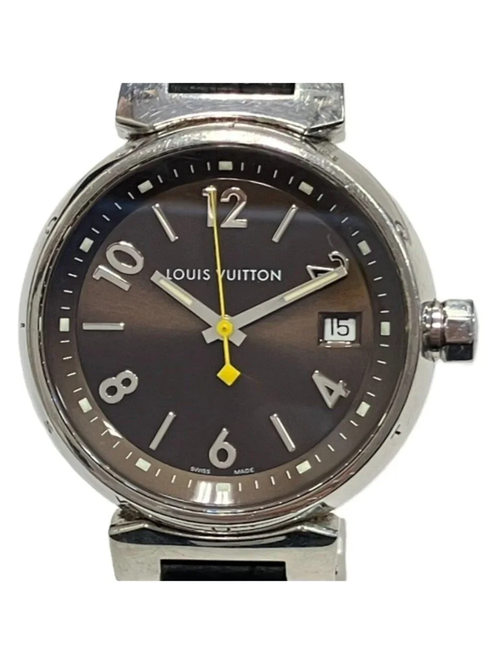 Louis Vuitton Tambour Watch SS Leather Quartz Brown Dial